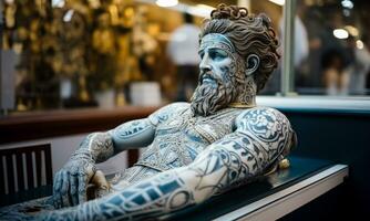 Marble ancient greek statue in the beauty salon having tattoo photo