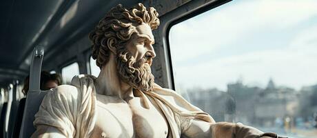 Marble Ancient greek statue travels by bus photo
