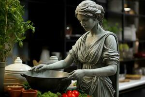 Marble greek woman statue cooks food in the modern kitchen photo