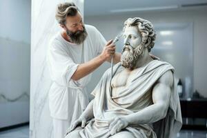 mármol antiguo griego estatua en el belleza salón teniendo Corte de pelo foto