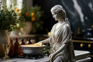 Marble greek woman statue cooks food in the modern kitchen photo