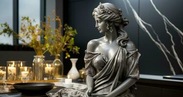 Marble greek woman statue cooks food in the modern kitchen photo