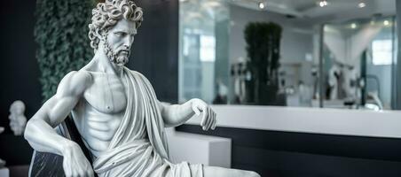Marble ancient greek statue in the beauty salon having haircut photo