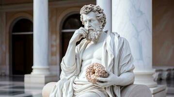 Marble Ancient man greek statue eats donut in the city photo