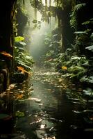 Photo of inside jungle with sun. AI generative