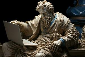 Greek statue of an emperor with carrying a notebook at his side. AI generative photo
