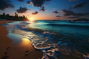 realistic image that captures the elegant charm of a glowing moon suspended low over a tranquil blue sea. AI generative photo