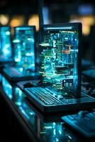 Computer database, light blue lighting, shallow. AI generative photo