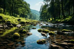 Spring forest nature landscape, beautiful spring stream, river rocks in mountain forest. AI generative photo