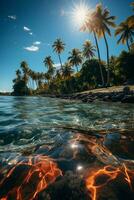 a paradisiacal beach, with the sun centered at the highest point in the sky, and some palm trees. AI generative photo