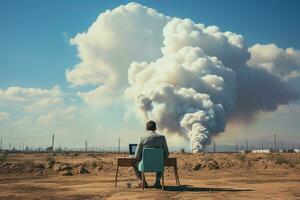 Back view of businessman sitting on cloud, working with laptop, table, chair, blue sky, copyspace. AI generative photo