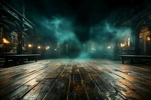 Background of empty dark scene with wooden old floor. Neon light smoke. AI generative photo