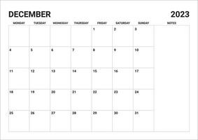 2023 Monthly December calendar include notes vector