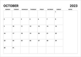 2023 Monthly October calendar include notes vector