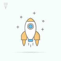 Outlined retro spaceship icon. Cartoon rocket spaceship take off. Isolated vector illustration.