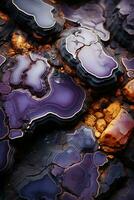 Abstract hypnotic illusion of gold lava over amethyst colors. AI generative photo