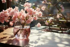 Single laminate plank surrounded by pink floral elements. AI generative photo