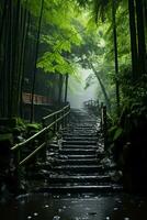 Foggy and rainy, bamboo forest. AI generative photo