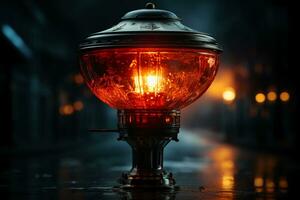 advertencia lámpara en el calle a noche. rojo alerta lámpara o advertencia indicador. ai generativo foto