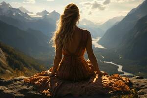 Pretty woman sitting on top of a mountain, viewed from behind. AI generative photo