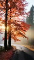 Foggy morning with trees changing colors. photo