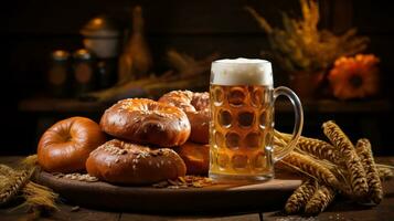 Oktoberfest celebracion con cerveza y pretzels foto