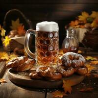 Oktoberfest celebracion con cerveza y pretzels foto