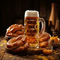Oktoberfest celebration with beer and pretzels. photo