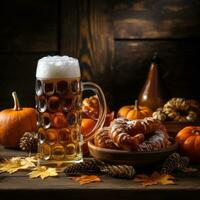 Oktoberfest celebracion con cerveza y pretzels foto