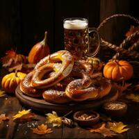 Oktoberfest celebracion con cerveza y pretzels foto