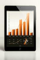 Analytics. Chart with upward arrow on tablet screen photo