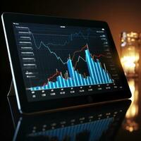 Analytics. Chart with upward arrow on tablet screen photo