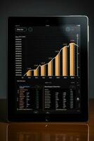 Analytics. Chart with upward arrow on tablet screen photo