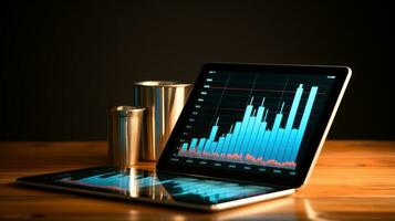 Analytics. Chart with upward arrow on tablet screen photo