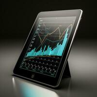 Analytics. Chart with upward arrow on tablet screen photo