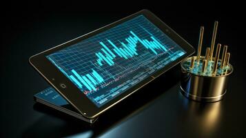 Analytics. Chart with upward arrow on tablet screen photo