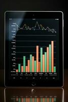 Analytics. Chart with upward arrow on tablet screen photo