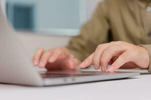 Businessman using laptop computer for working internet online research Information and data analysis. Technology and innovation and growth concept photo