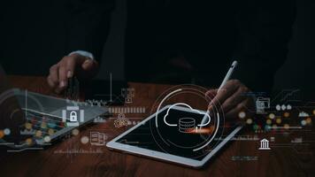 Cyber Security system Protects Data Information Safe Storage Networks. businessman using laptop Internet Secure Data Management privacy. photo