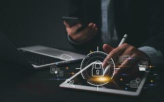 Cyber Security system Protects Data Information Safe Storage Networks. businessman using laptop Internet Secure Data Management privacy. photo