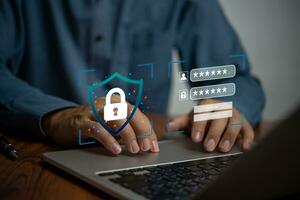 Digital Security and Encryption Virtual Screen Login Password. Online Protecting Data Network Cybersecurity Technology. Businessman using laptop computer. photo