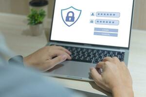 Businessman Working Digital Security and Encryption on Laptop. Safeguarding Online Privacy and Protecting Data and Network Cybersecurity Concept photo