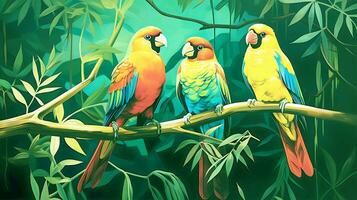 Colorful three birds rest on the forest generated by Ai photo