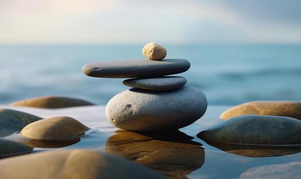 Stones of balance. Pebbles pyramid on sea background. For banner, postcard, book illustration. Created with generative AI tools photo