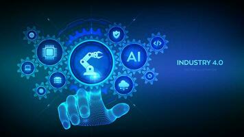 Smart Industry 4.0 concept. Factory automation. Autonomous industrial technology. Industrial revolutions steps. Wireframe hand touching digital interface with connected gears cogs and icons. Vector. vector