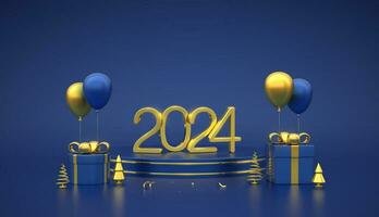 Happy New 2024 Year. 3D Golden metallic numbers 2024 on blue stage podium. Scene round platform with gift boxes and golden metallic pine, spruce trees and festive helium balloons. Vector illustration.