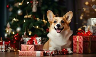 Playful Corgi sits by a dazzling Christmas tree Created with generative AI tools photo