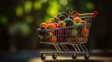 compras carro lleno con comida y bebidas y supermercado estantería en el fondo, tienda de comestibles compras concepto, generativo ai foto