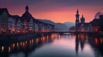 escénico noche panorama ver de el antiguo ciudad, dramático escena con río y jesuita iglesia. maravilloso vívido paisaje urbano durante atardecer, generativo ai foto