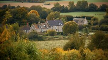 Beautiful view of rural housing surrounded by countryside in early autumn, generative ai photo